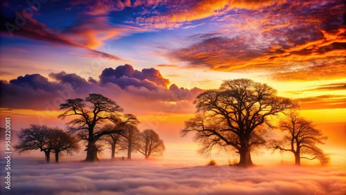 Majestic high-contrast landscape of ancient trees against vibrant orange-purple gradient sky with misty fog and dramatic clouds