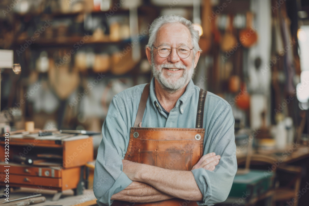 a man in a leather apron in his leather goods workshop. Designer and leather tailor.. a man in a leather apron in his leather goods workshop. Designer and leather tailor..