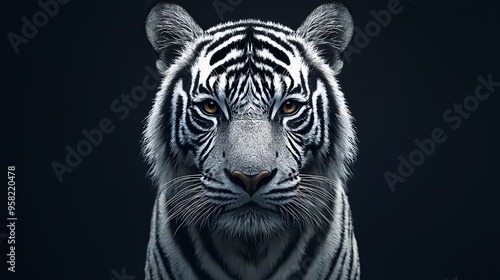 Stunning close-up portrait of a majestic white tiger with striking blue eyes and intricate black stripes against a dark background.