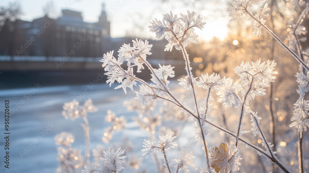 Delicate ice crystals forming flower-like patterns against the backdrop of an old city. Delicate ice crystals forming flower-like patterns against the backdrop of an old city.
