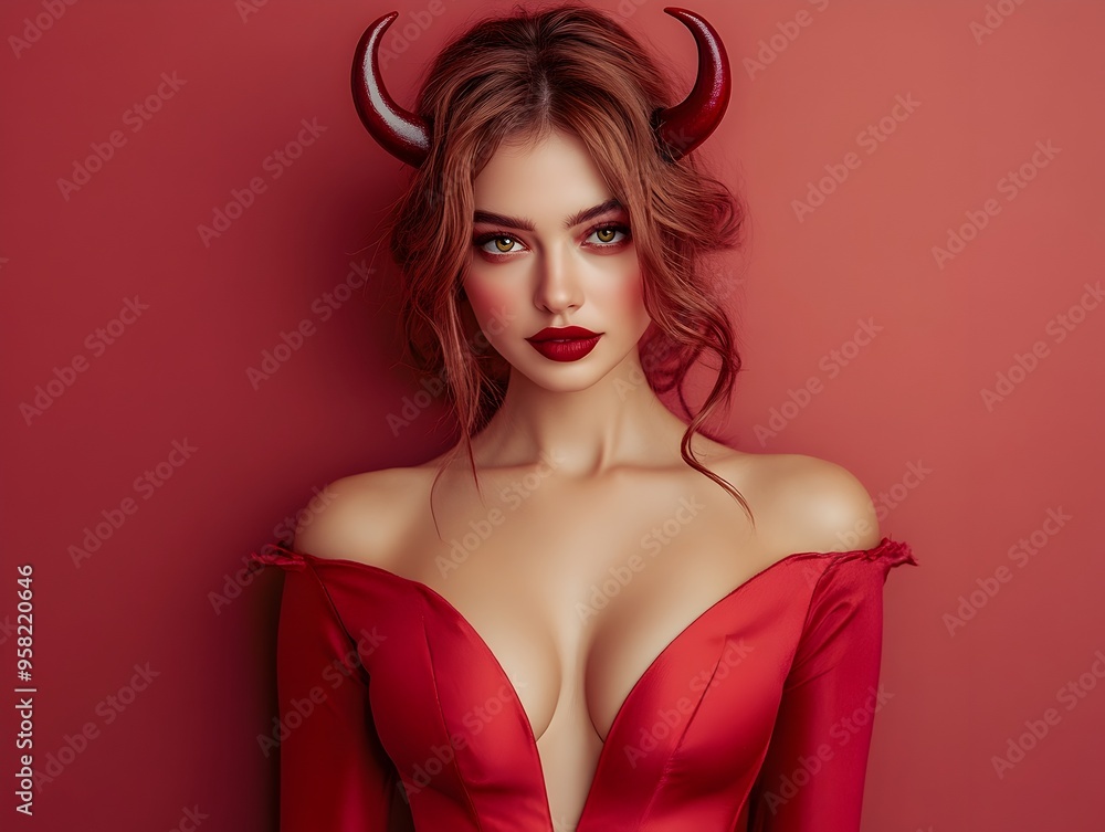 Alluring Devil Woman in Red Halloween Costume with Horns on Red Background Alluring Devil Woman in Red Halloween Costume with Horns on Red Background