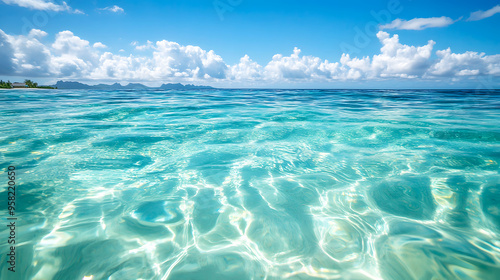 The perfect, clear surface of the ocean in a tropical setting, with bright, inviting waters