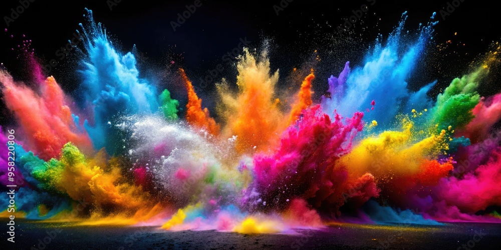 Vibrant swirling patterns of colorful powders exploding in mid-air against a dark moody background exuding energy and dynamism in bold bright colors. Vibrant swirling patterns of colorful powders exploding in mid-air against a dark moody background exuding energy and dynamism in bold bright colors.