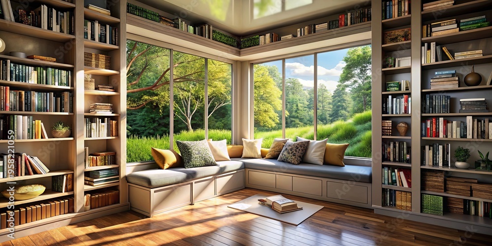 Tranquil reading nook surrounded by bookshelves and nature views, perfect for relaxation and inspiration Tranquil reading nook surrounded by bookshelves and nature views, perfect for relaxation and inspiration