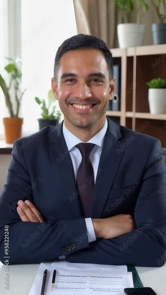 A man in a suit is smiling and looking at the camera. He is wearing a suit and has his arms crossed A man in a suit is smiling and looking at the camera. He is wearing a suit and has his arms crossed