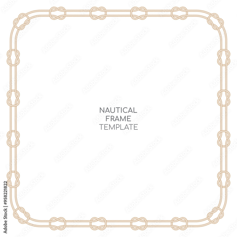 Obraz premium Vector square frame made of a thick, knotted rope. The rope is a light brown color and the background is white.