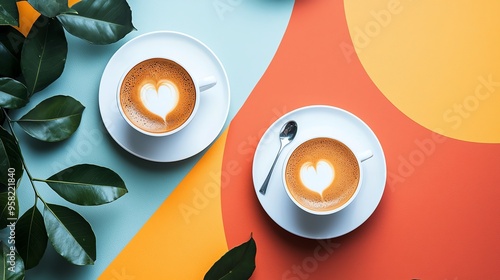 Two heart latte art coffees on colorful background with green leaves, creating a warm, inviting atmosphere perfect for coffee lovers.