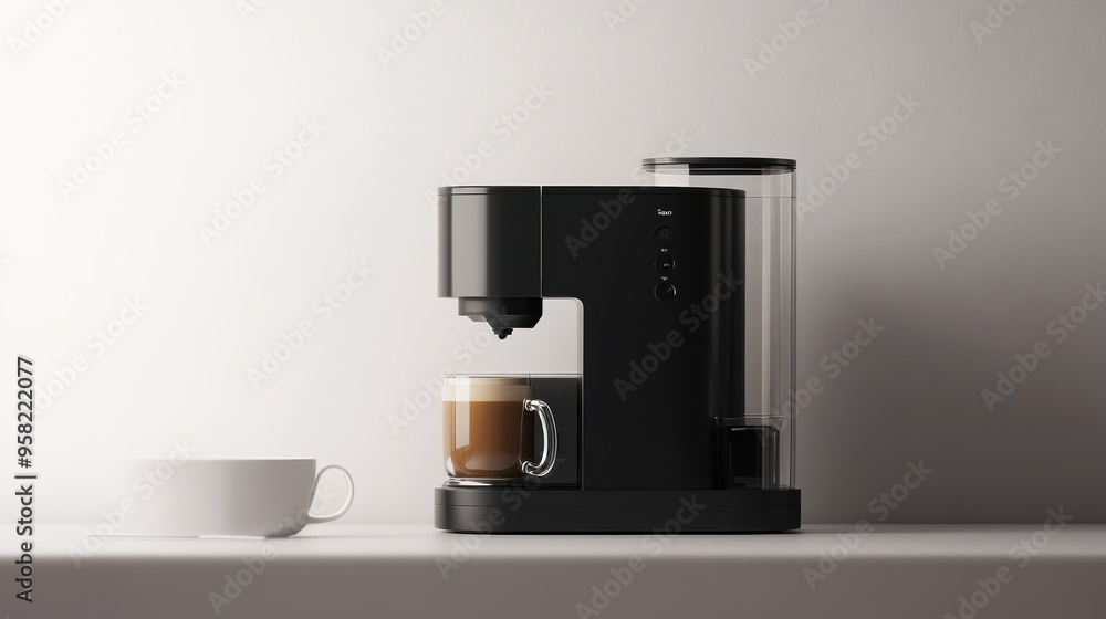 Black Espresso Machine Brewing Coffee into Glass Mug Black Espresso Machine Brewing Coffee into Glass Mug