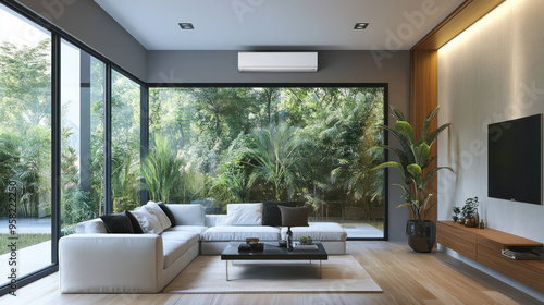 Modern living room with large windows showcasing lush greenery outside  featuring comfortable white sofa  coffee table  and decorative plants.