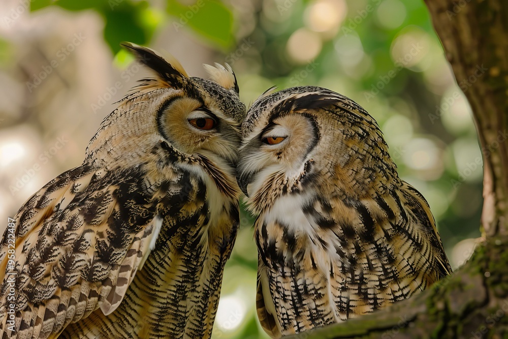 Obraz premium Two eurasian eagle owls are nuzzling each other on a tree branch