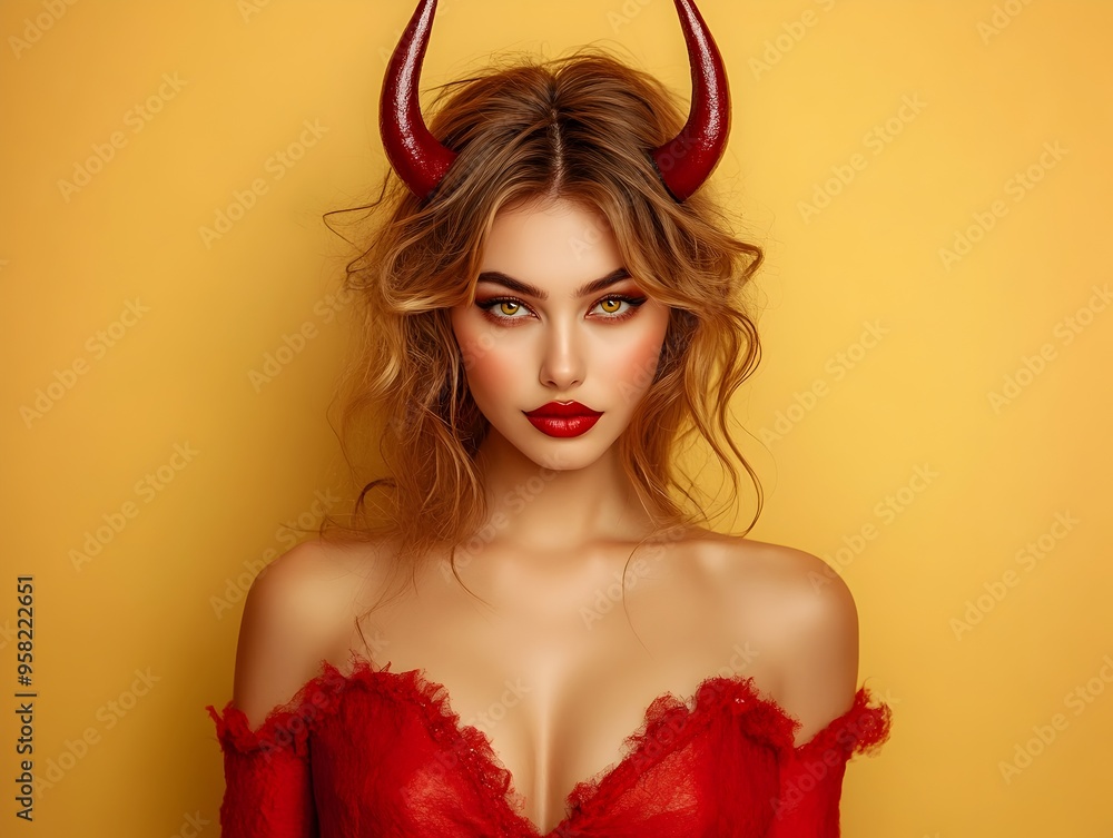 Captivating Red Devil Woman in Alluring Halloween Portrait Captivating Red Devil Woman in Alluring Halloween Portrait