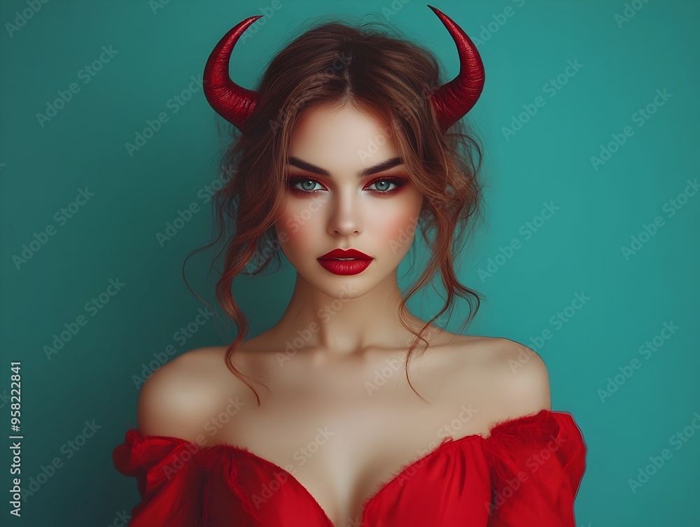 Captivating Devil Woman in Crimson Horns and Makeup for Halloween Portrait Captivating Devil Woman in Crimson Horns and Makeup for Halloween Portrait