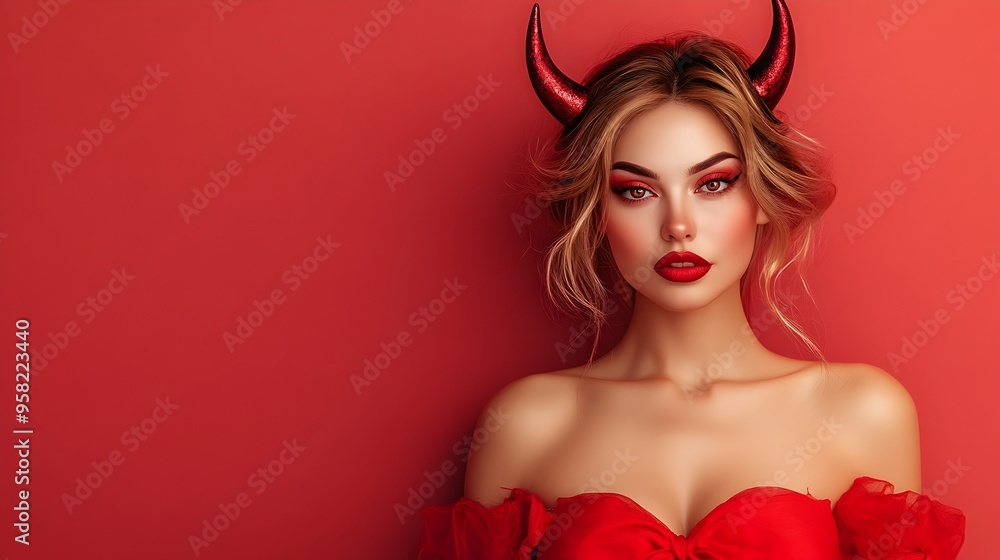 Alluring Woman Dressed as Devil with Red Horns and Makeup for Halloween Fashion Photo Alluring Woman Dressed as Devil with Red Horns and Makeup for Halloween Fashion Photo