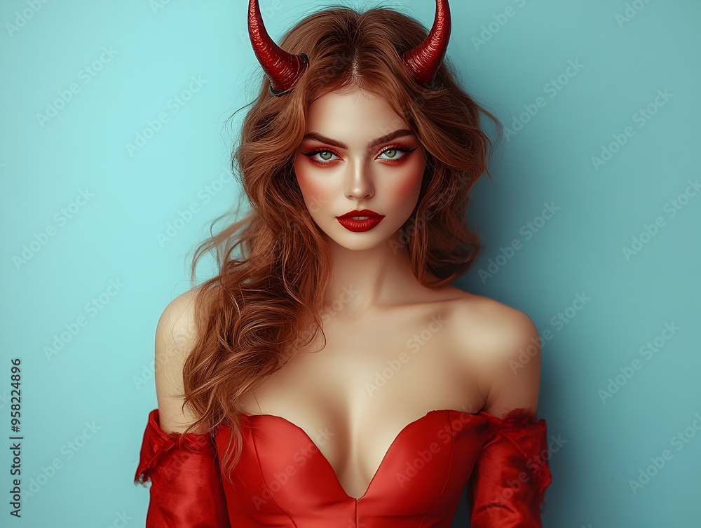 Captivating Devil Horned Woman in Alluring Red Halloween Costume Captivating Devil Horned Woman in Alluring Red Halloween Costume