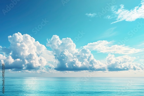 Panorama of clear sky background for summer vacation concept at ocean and summer sea water with sunlight of beautiful cloudy sky , ai