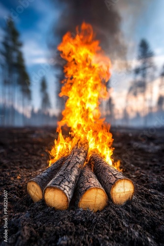 A forest fire caused by improperly disposed garbage, with smoke billowing into the sky photo