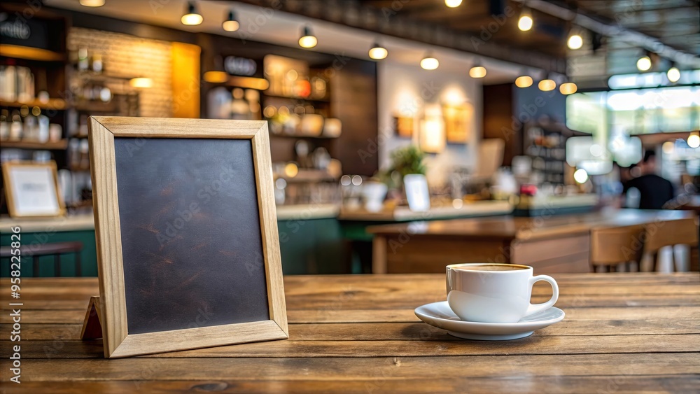 A blank menu board on a rustic tabletop with a blurred coffee shop background A blank menu board on a rustic tabletop with a blurred coffee shop background