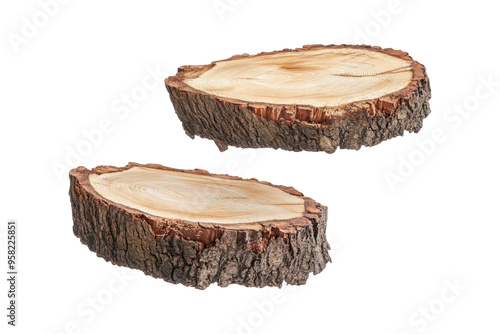 two wooden tree slices with bark isolated on white or transparent background, clipping path, cut out, PNG