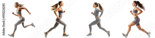 On transparency background, a female athlete runs sideways at full length photo