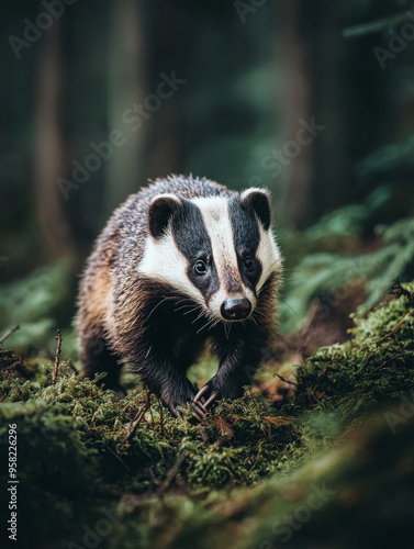 A small brown and black striped badger is walking through the forest