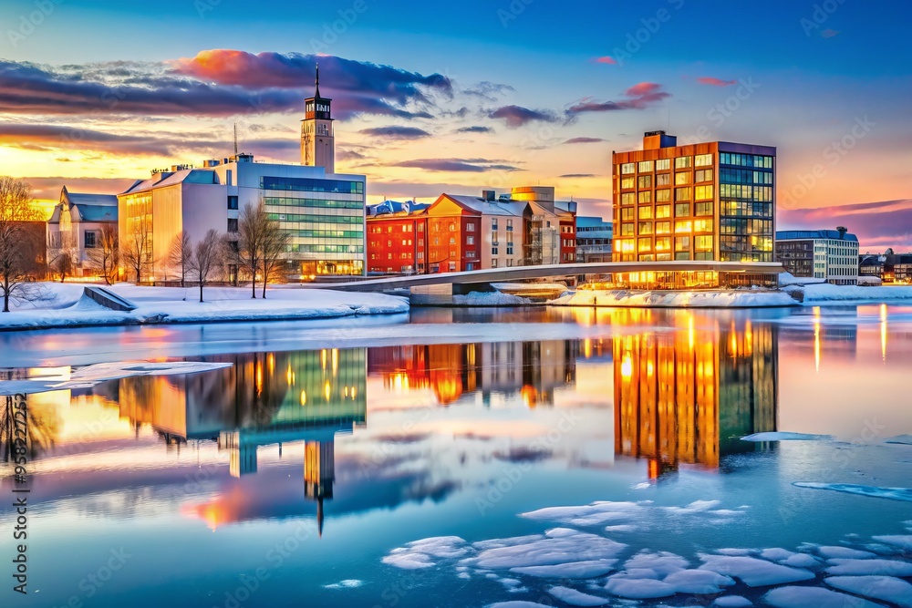 Oulu's modern architecture shines against the frozen Oulu River's backdrop, a vibrant cityscape of contrasts. Oulu's modern architecture shines against the frozen Oulu River's backdrop, a vibrant cityscape of contrasts.