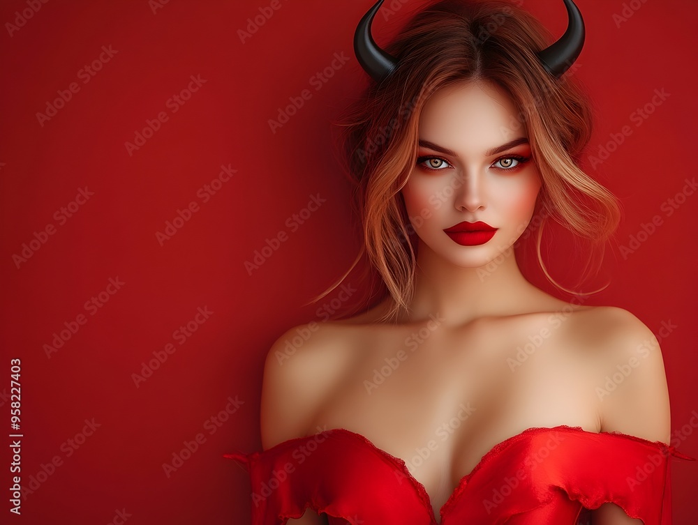 Bewitching Devil Woman in Crimson Costume Against Vibrant Red Background Bewitching Devil Woman in Crimson Costume Against Vibrant Red Background
