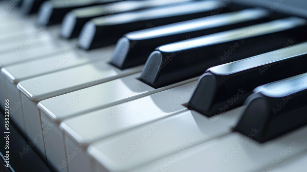 Close up of piano keys showcasing contrast between black and white keys, evoking sense of musical elegance. Close up of piano keys showcasing contrast between black and white keys, evoking sense of musical elegance.