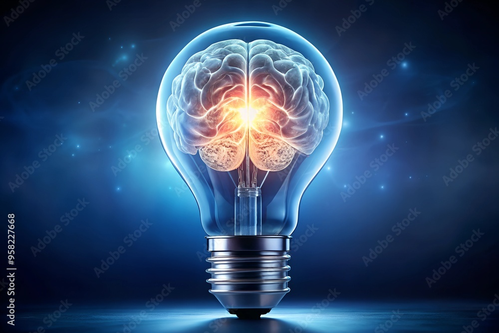 Lightbulb with glowing brain inside on dark blue background. 3D rendering Glowing light bulb with human brain inside on dark background. 3D rendering Lightbulb with glowing brain inside on dark blue background. 3D rendering Glowing light bulb with human brain inside on dark background. 3D rendering