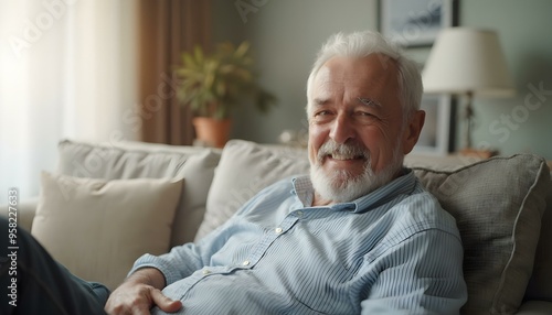 A Happy American senior man sitting on sofa at nursing home looking at camera