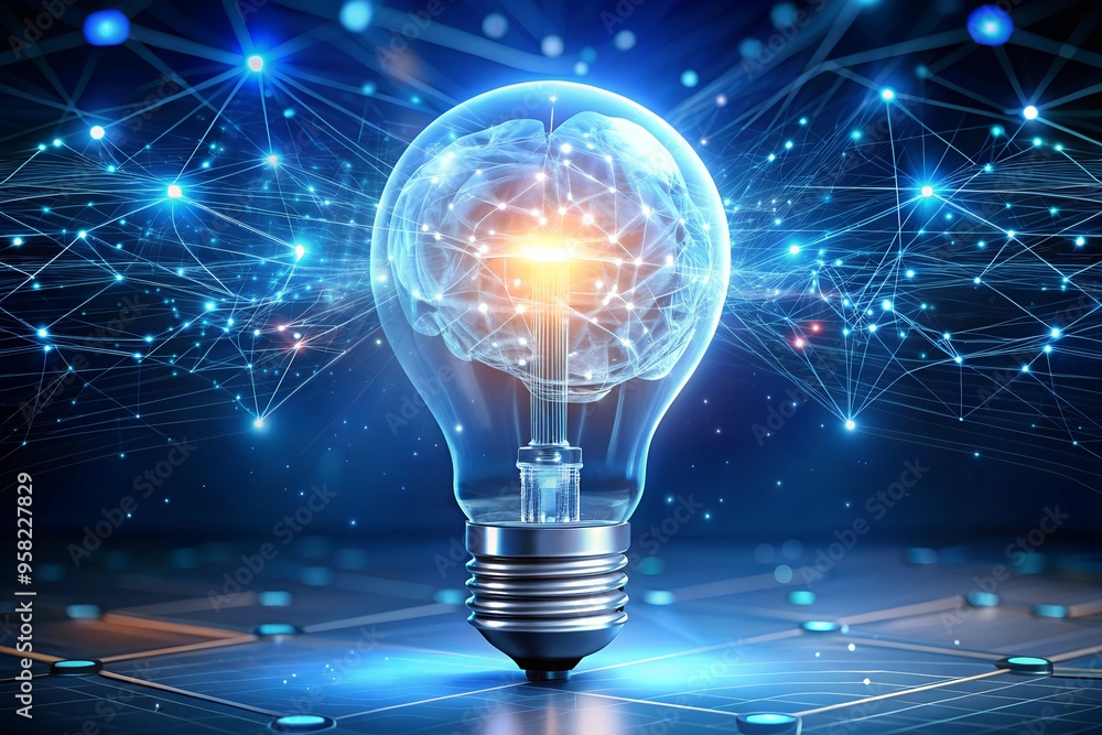 Lightbulb with glowing brain inside on dark blue background. 3D rendering Glowing light bulb with human brain inside on dark background. 3D rendering Lightbulb with glowing brain inside on dark blue background. 3D rendering Glowing light bulb with human brain inside on dark background. 3D rendering