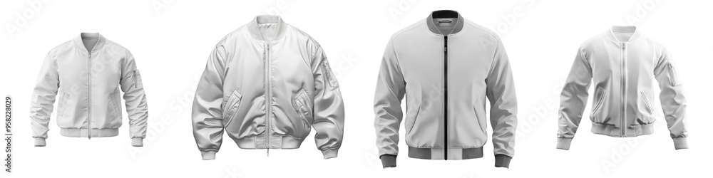 This is a 3D white unisex bomber jacket template with full zip zipper collar side view on a transparent background This is a 3D white unisex bomber jacket template with full zip zipper collar side view on a transparent background