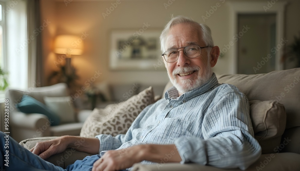 A Happy American senior man sitting on sofa at nursing home looking at camera A Happy American senior man sitting on sofa at nursing home looking at camera