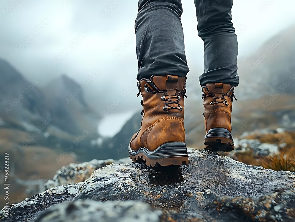 Closeup of Hiking Boots on Rocky Mountain Ridge in Foggy Weather - Photo Closeup of Hiking Boots on Rocky Mountain Ridge in Foggy Weather - Photo