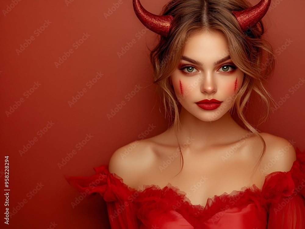 Naklejka premium Captivating Devil Inspired Woman in Glamorous Red Halloween Costume