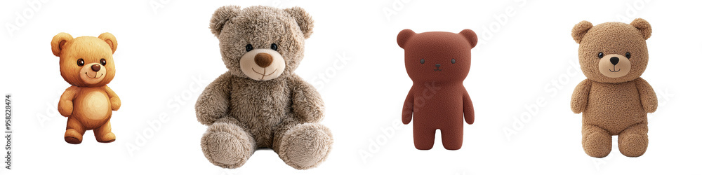 On a transparent background, a cute, chubby teddy bear shows rich expressions including happiness, staring, and smiling On a transparent background, a cute, chubby teddy bear shows rich expressions including happiness, staring, and smiling