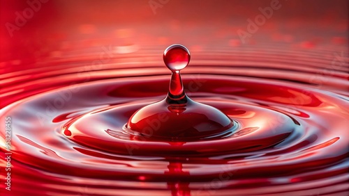 Close-up of red liquid droplet on scarlet surface surrounded by smaller water droplets photo