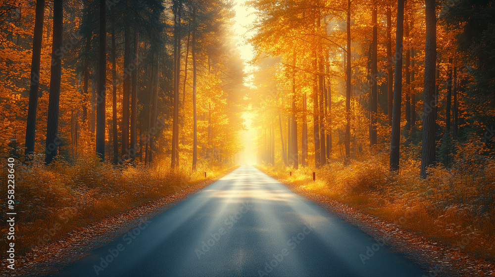 An inviting road stretches through a tranquil forest, illuminated by the warm glow of the setting sun as colorful autumn leaves create a picturesque scene An inviting road stretches through a tranquil forest, illuminated by the warm glow of the setting sun as colorful autumn leaves create a picturesque scene