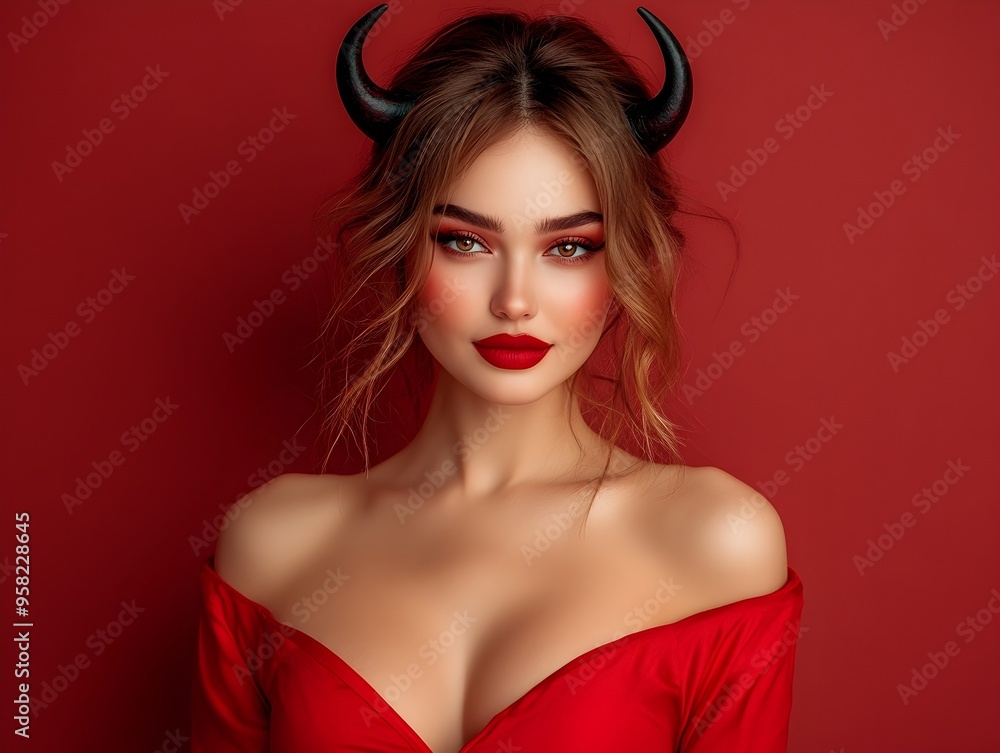 Bewitching Woman Dressed as Devil with Horns and Alluring Red Attire Bewitching Woman Dressed as Devil with Horns and Alluring Red Attire