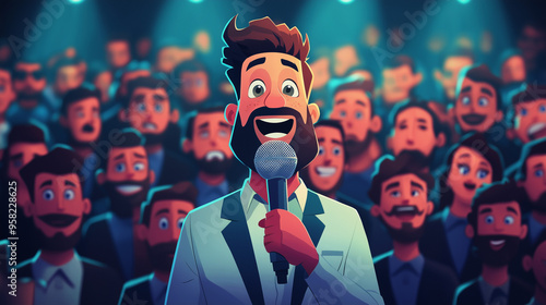 A cartoon businessperson standing in front of a big audience, delivering a speech with exaggerated gestures, giant microphone in hand, cartoon audience with different funny expressions photo