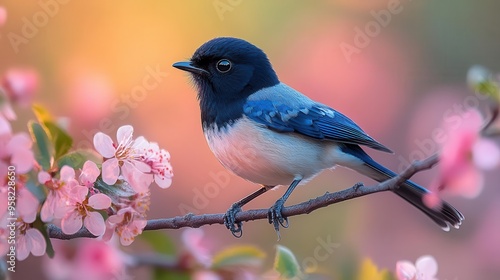 magpierobin in reverent pose wings slightly spread perched on blooming branch soft light highlighting iridescent feathers serene garden backdrop photo