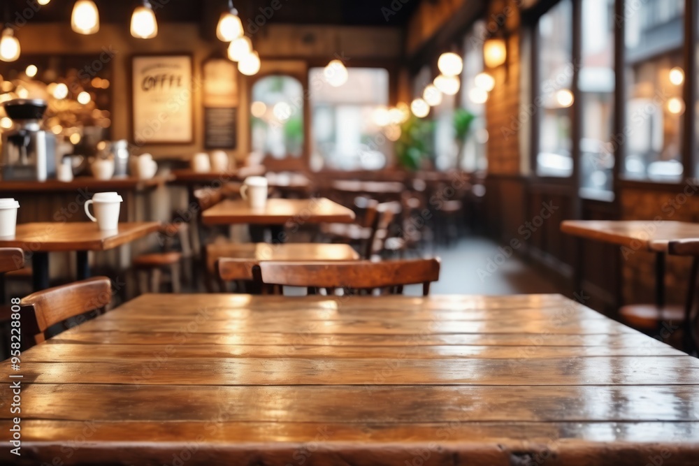 Antique wooden tables and chairs set the scene in a cozy, vintage-style cafe interior Antique wooden tables and chairs set the scene in a cozy, vintage-style cafe interior