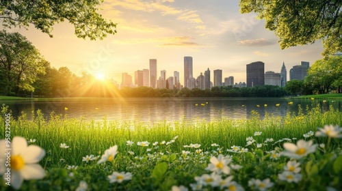 A serene city park with lush greenery, overlooking the skyline at sunrise. photo