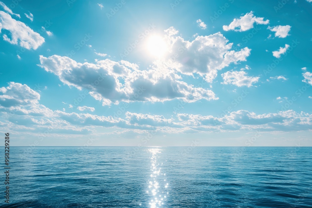 Obraz premium Panorama of clear sky background for summer vacation concept at ocean and summer sea water with sunlight of beautiful cloudy sky , ai