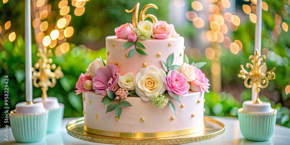 a photo image of a whimsical sweet sixteen birthday cake adorned with pastel flowers, golden accents, and a personalized name plate in elegant script a photo image of a whimsical sweet sixteen birthday cake adorned with pastel flowers, golden accents, and a personalized name plate in elegant script