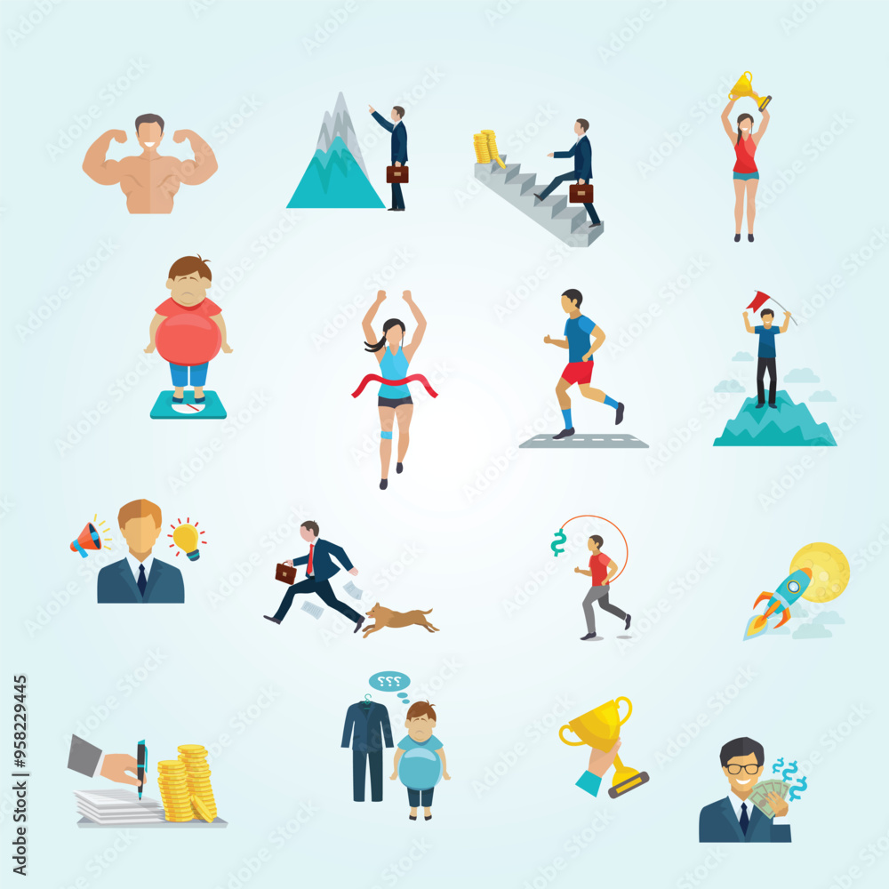motivation office work sport icons flat set motivation office work sport icons flat set