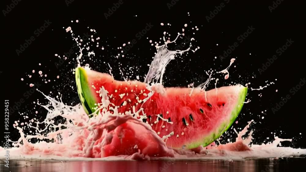 Watermelon slice is exploding, followed by a juice splash explosion in midair, isolated. Watermelon slice is exploding, followed by a juice splash explosion in midair, isolated.