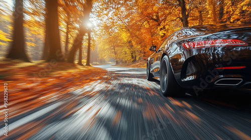 Fototapeta Naklejka Na Ścianę i Meble -  A powerful black sports car races down a scenic road, flanked by trees adorned with colorful autumn leaves, basking in the warm afternoon sunlight