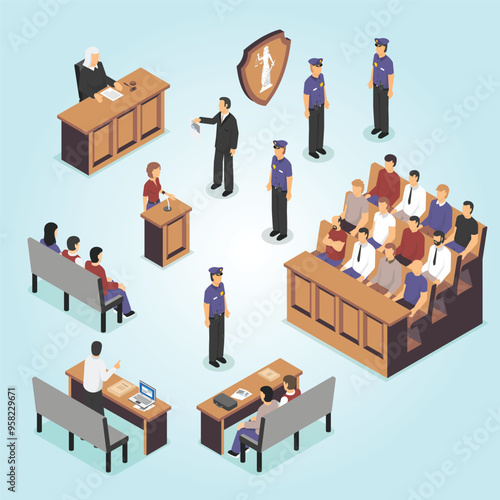 justice police law system isometric horizontal banners Jury Trial