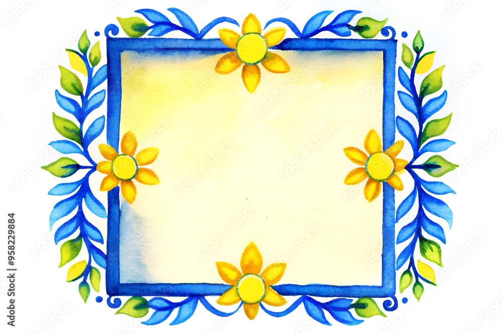 Obraz premium Gentle Watercolor Floral Frame with Yellow Flowers and Blue Leaves – Perfect for Invitations, Greeting Cards, and Spring Designs