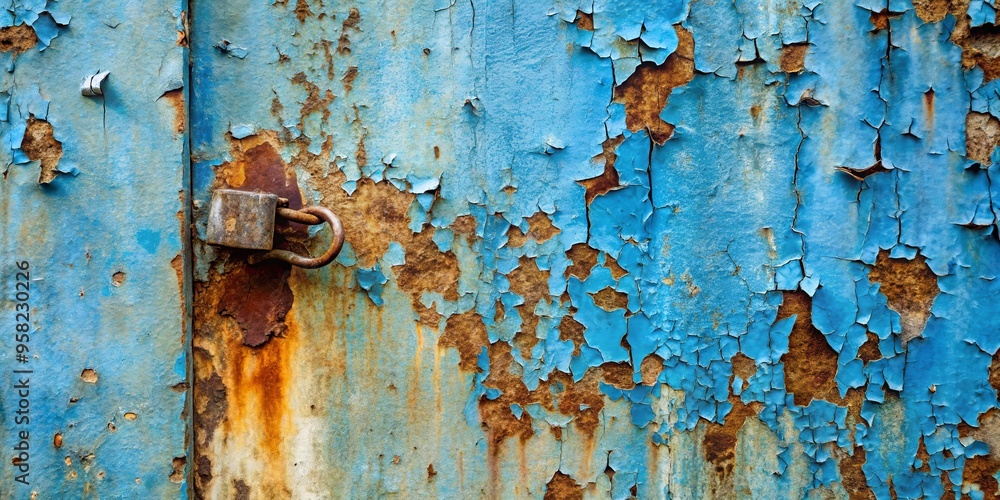 Close-up of a weathered blue-brown wall with peeling paint and rusted metal object Close-up of a weathered blue-brown wall with peeling paint and rusted metal object